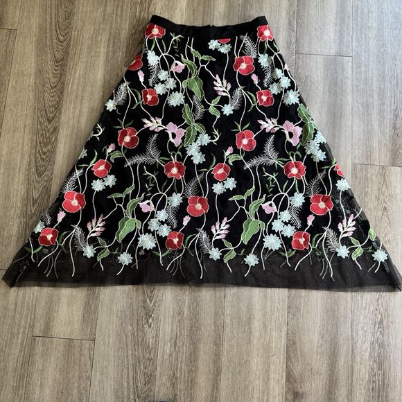 Anthropologie Skirt Sz 4 Eva Franco Poppy Midi Embroidered Asimetric Boho Floral - Picture 2 of 16